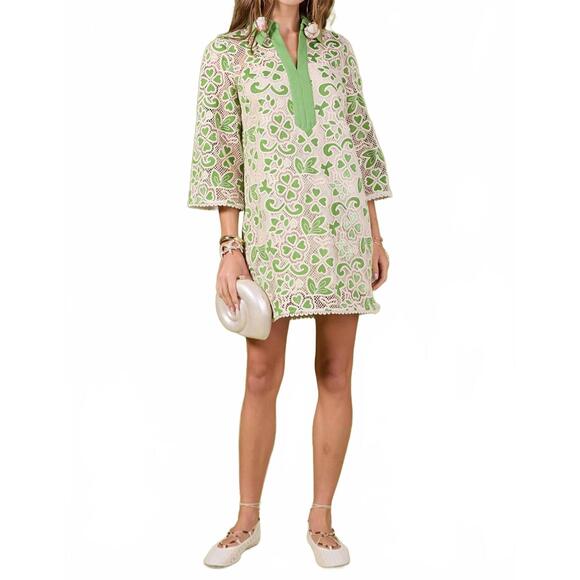 ENGLISH FACTORY Dresses & Skirts - English Factory Green and Cream Floral Lace Long Sleeve Dress